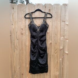 CACHE 2 Black Gold Cocktail Party‎ Body con Dress Stretch Satin Embroidered